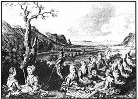 Woodcut Women Waulking in Scottland