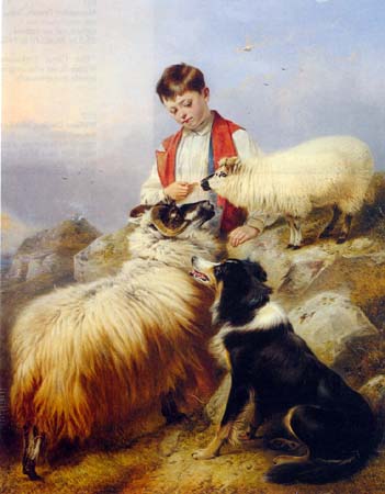 Young Boy with Ewe Lamb and Dog