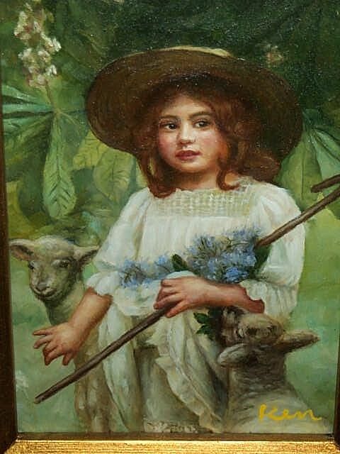 Young Girl with Blue Flowers and Lambs
