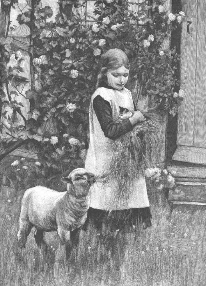Young Girl with Kitten and Lamb