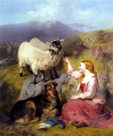 Young Shepherdess with Lambs and Dog