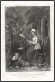 Engraving Woman Spinning and Boy with Dog