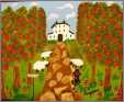 Primitive Folk Art Painting House Dog Sheep Apple